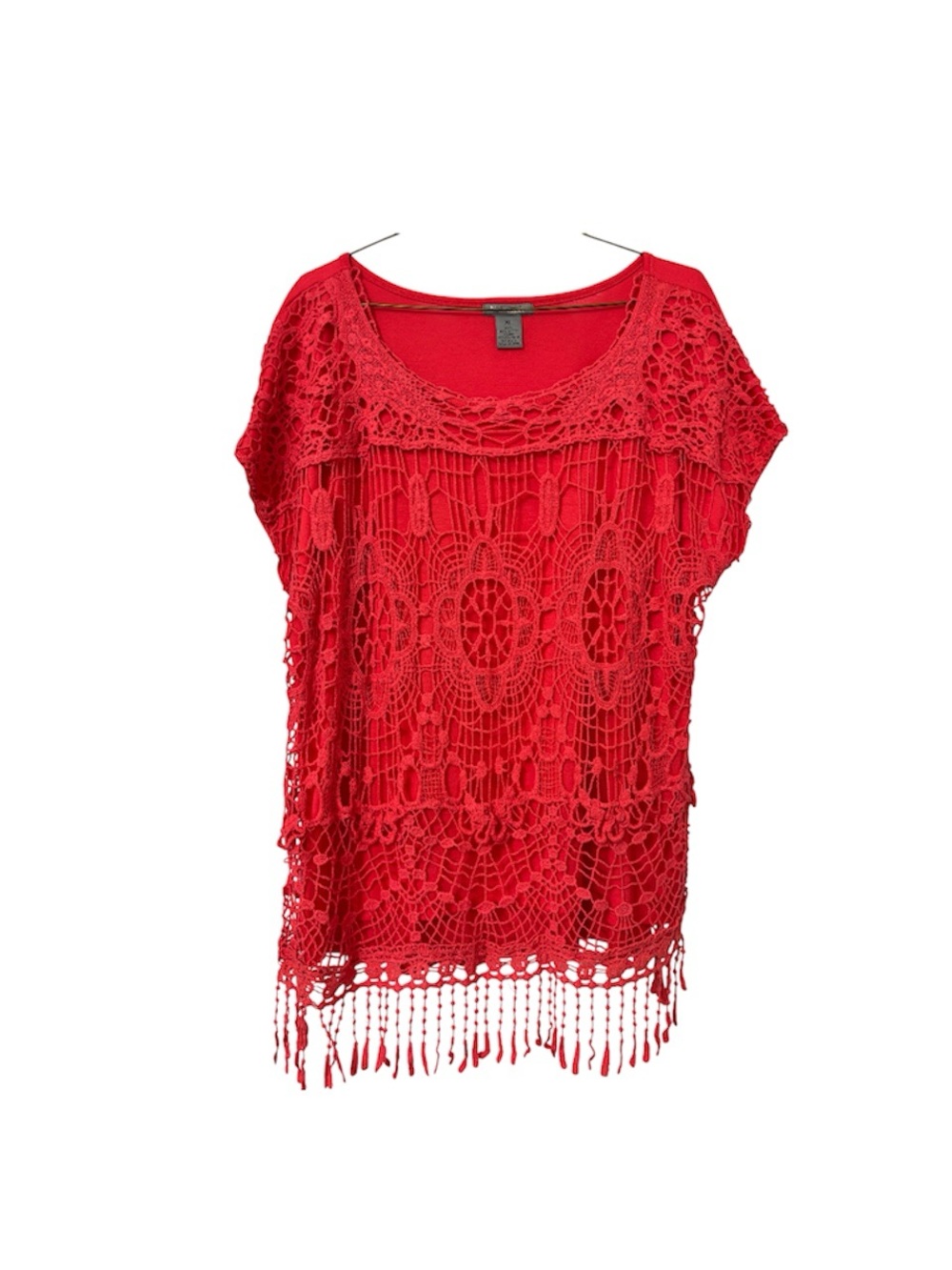 New Direction Coral/Red Crochet Fringe Short Sleeve Top